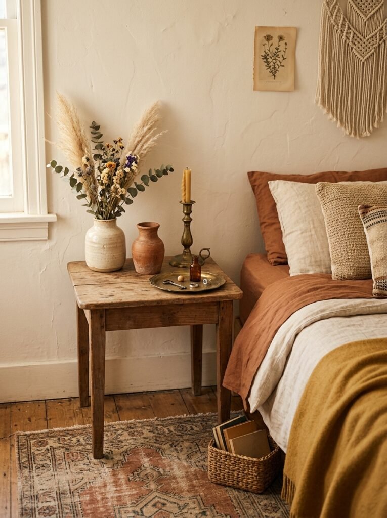 vintage thrifted decor on a wooden side table in a boho bedroom