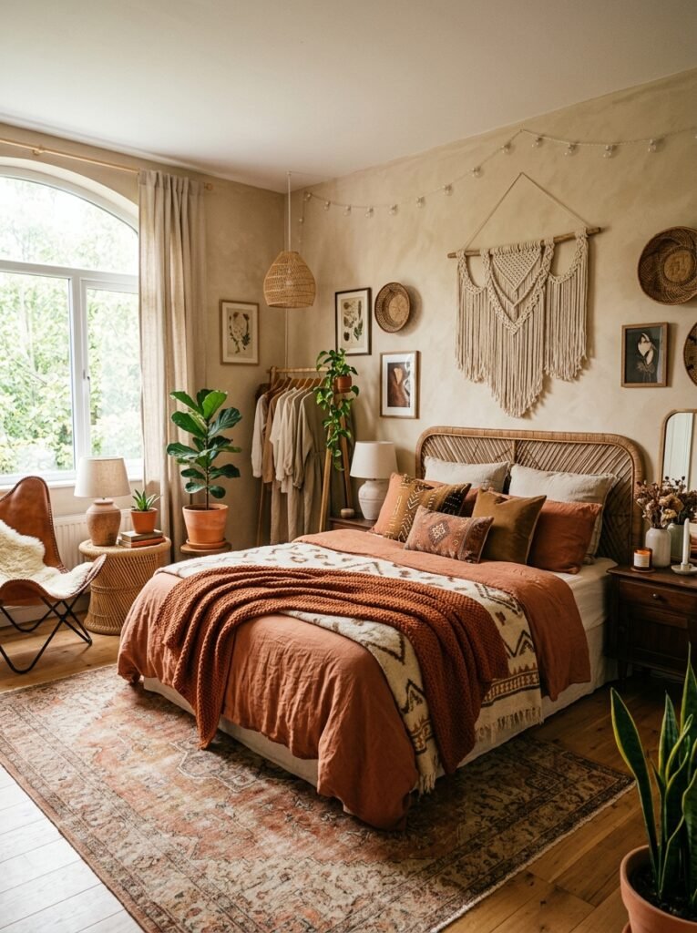 warm earthy palette boho bedroom