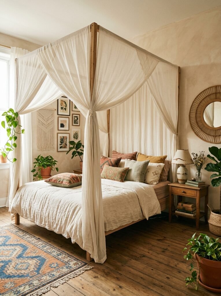 boho bedroom with bed canopy 