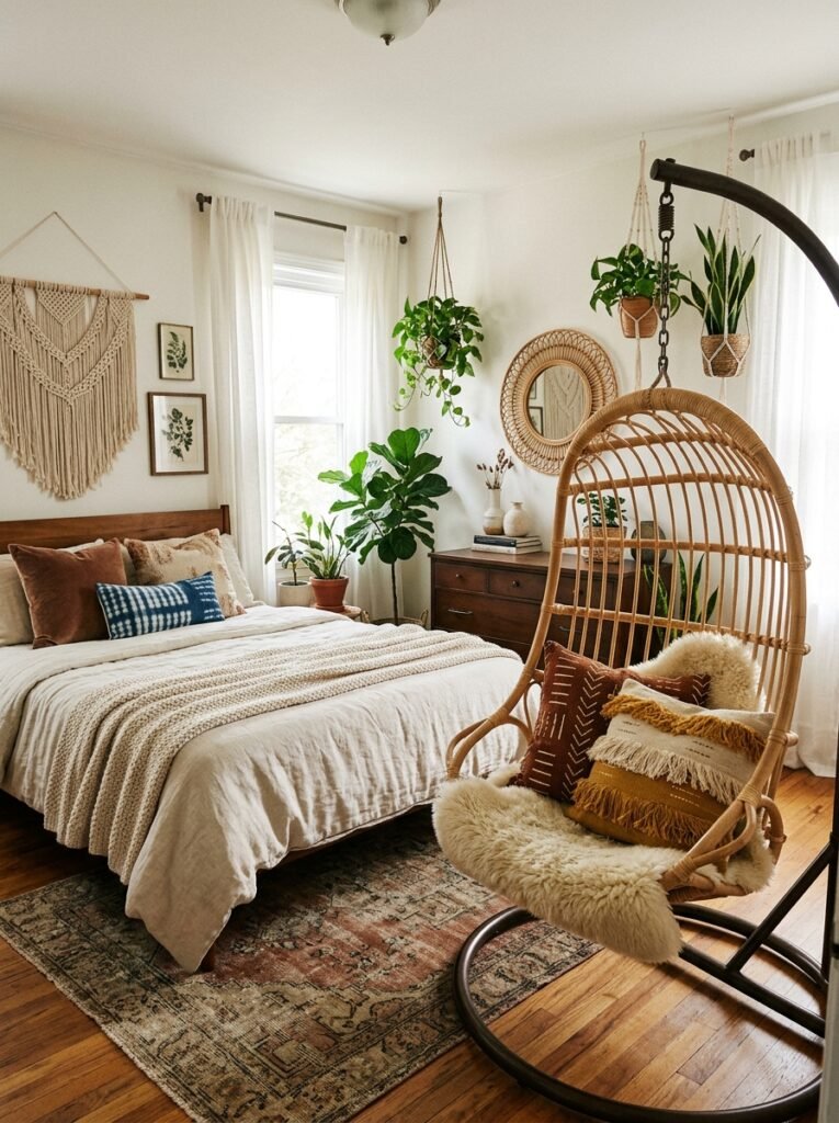 boho bedroom with egg chair 