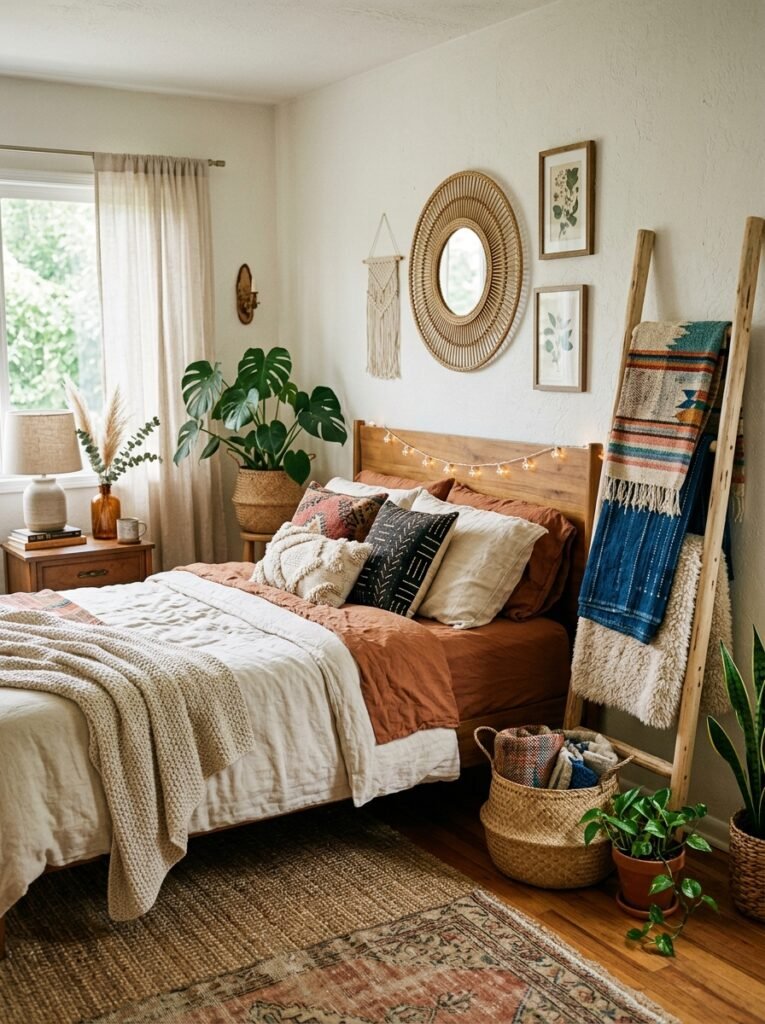boho bedroom with ladder shelf