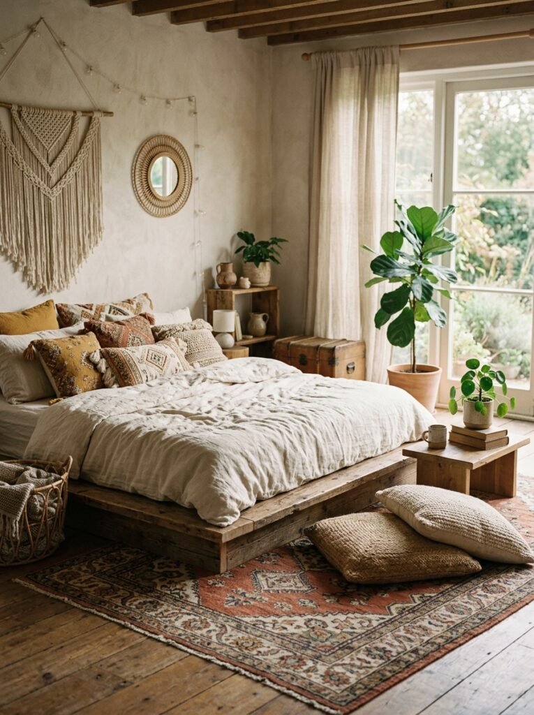 low platform bed with layered bedding in a boho bedroom