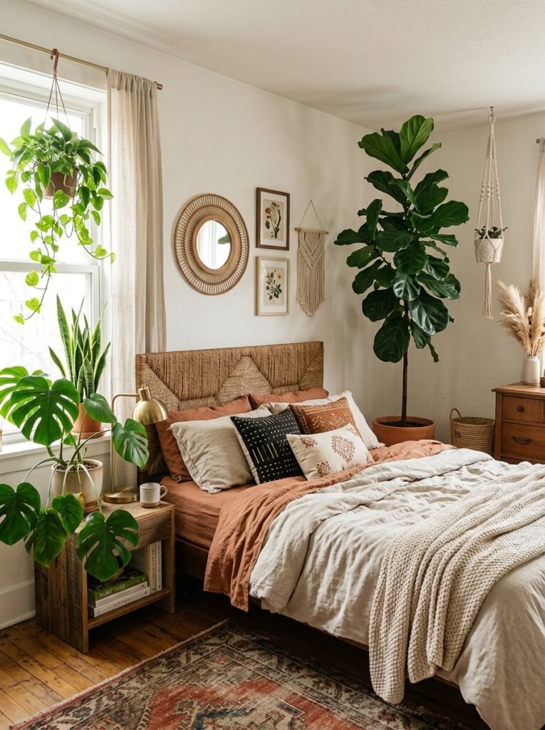 boho bedroom with statement plants 