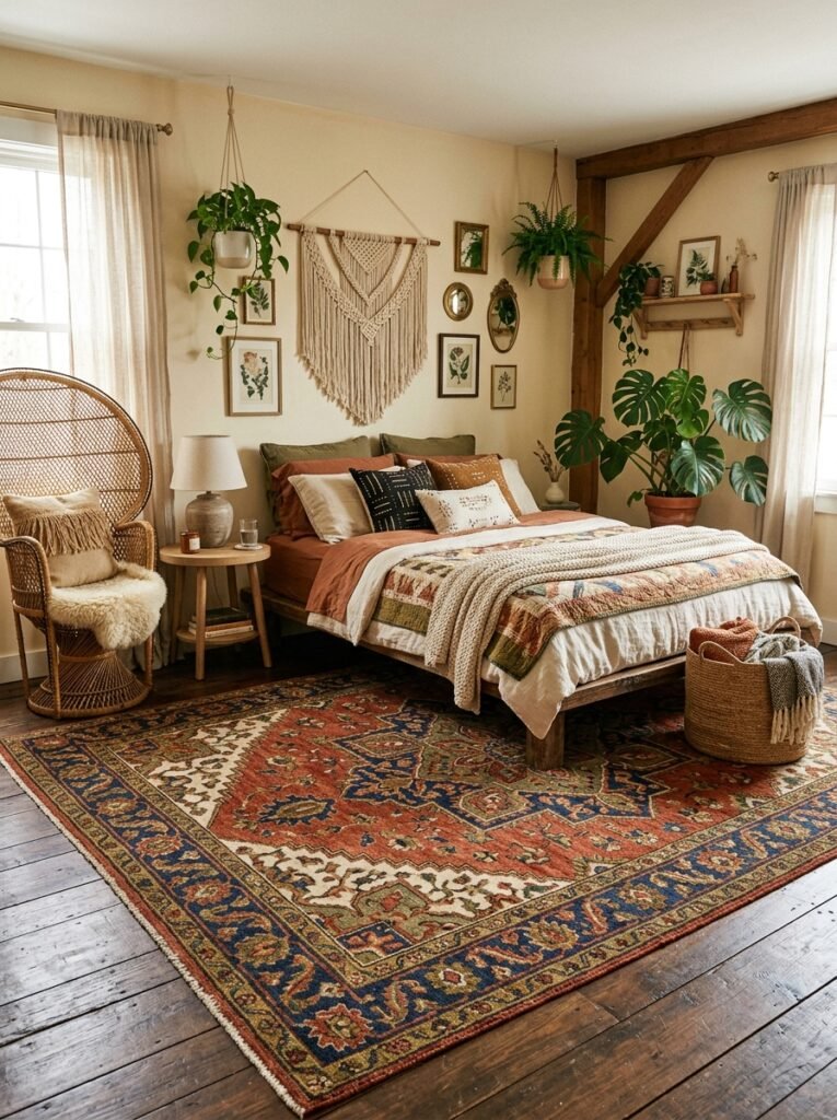 boho bedroom with statement rug 