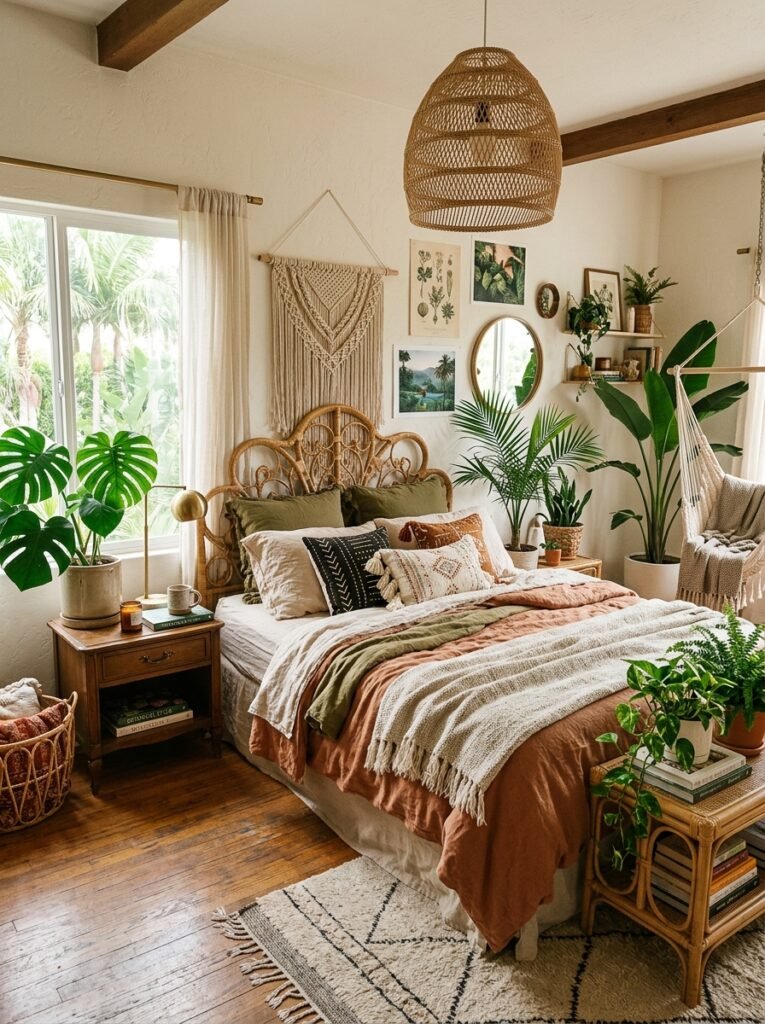 boho bedroom with tropical accents 
