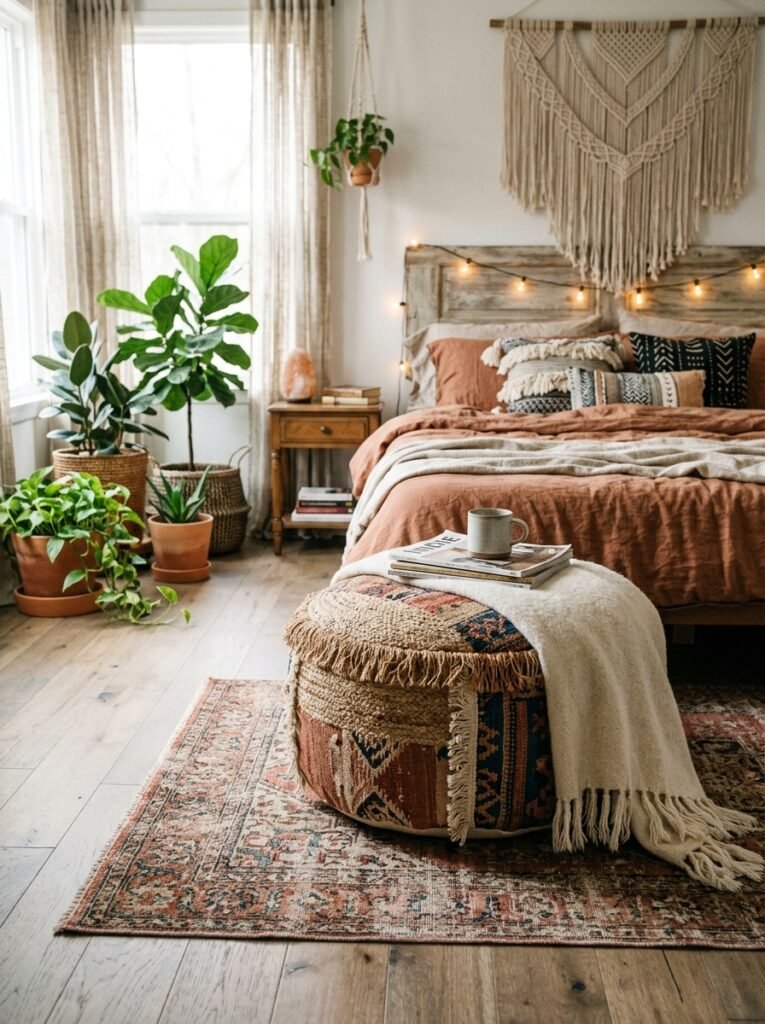 boho bedroom with ottoman pouf