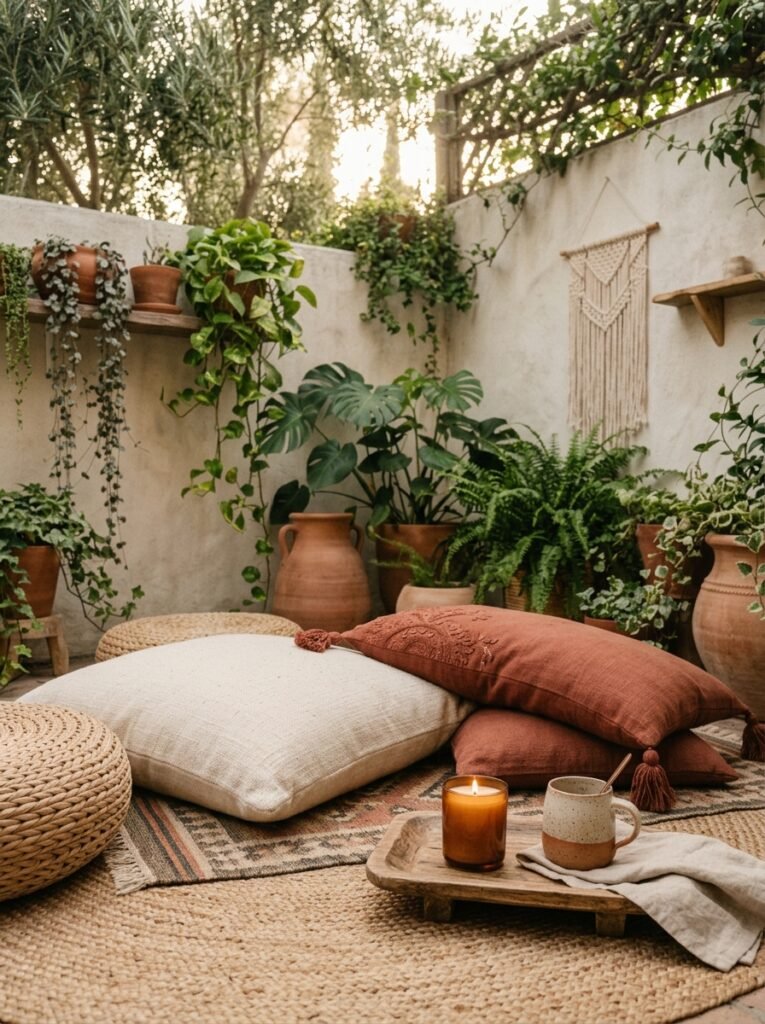floor cushions and poufs on a boho patio