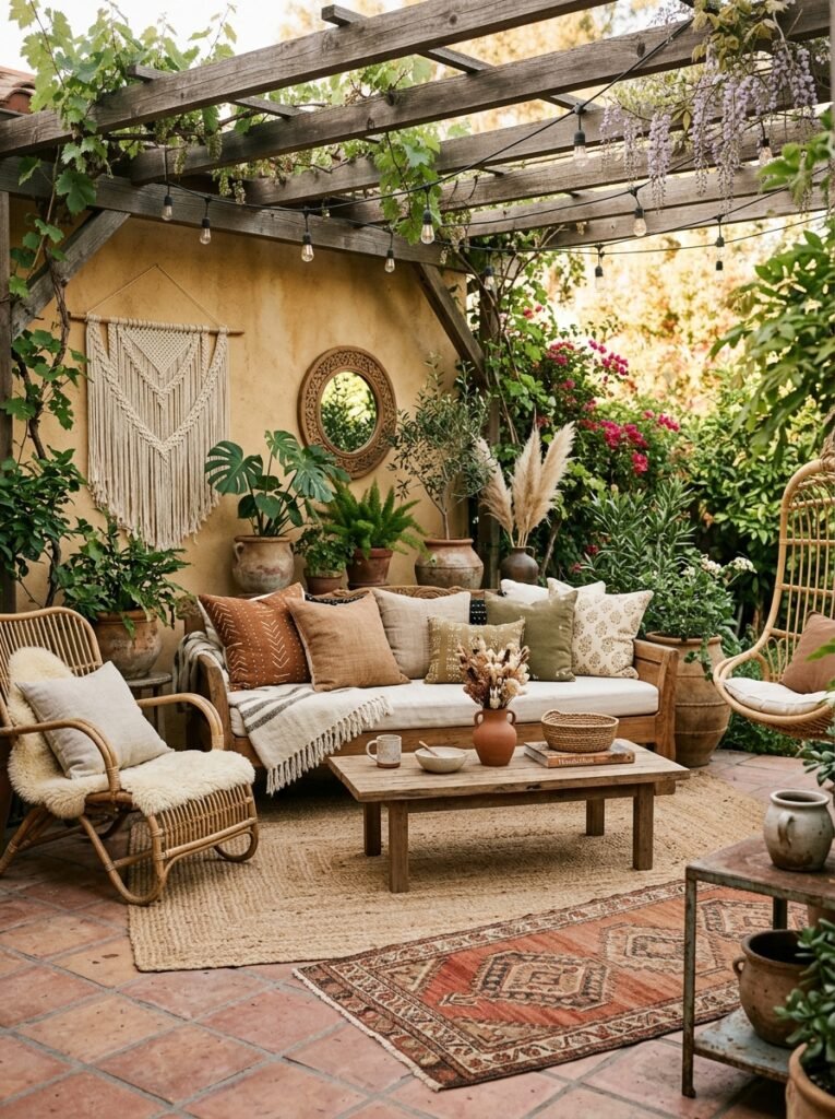 20 Beautiful Boho Patio Ideas For a Dreamy Outdoor Space boho patio with earthy palette