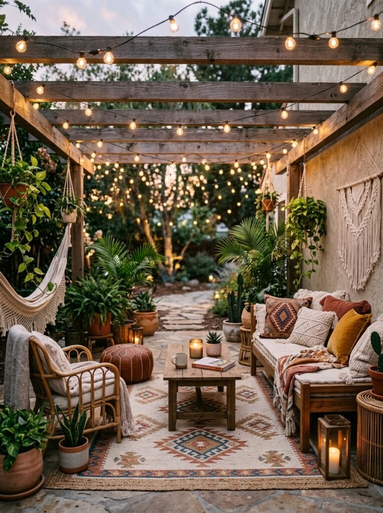 20 Beautiful Boho Patio Ideas For a Dreamy Outdoor Space boho patio with fairy lights
