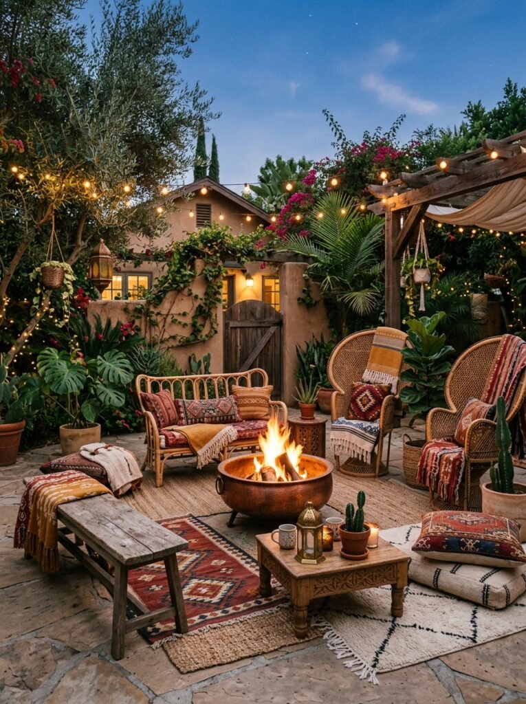 20 Beautiful Boho Patio Ideas For a Dreamy Outdoor Space boho patio with fire pit seating area
