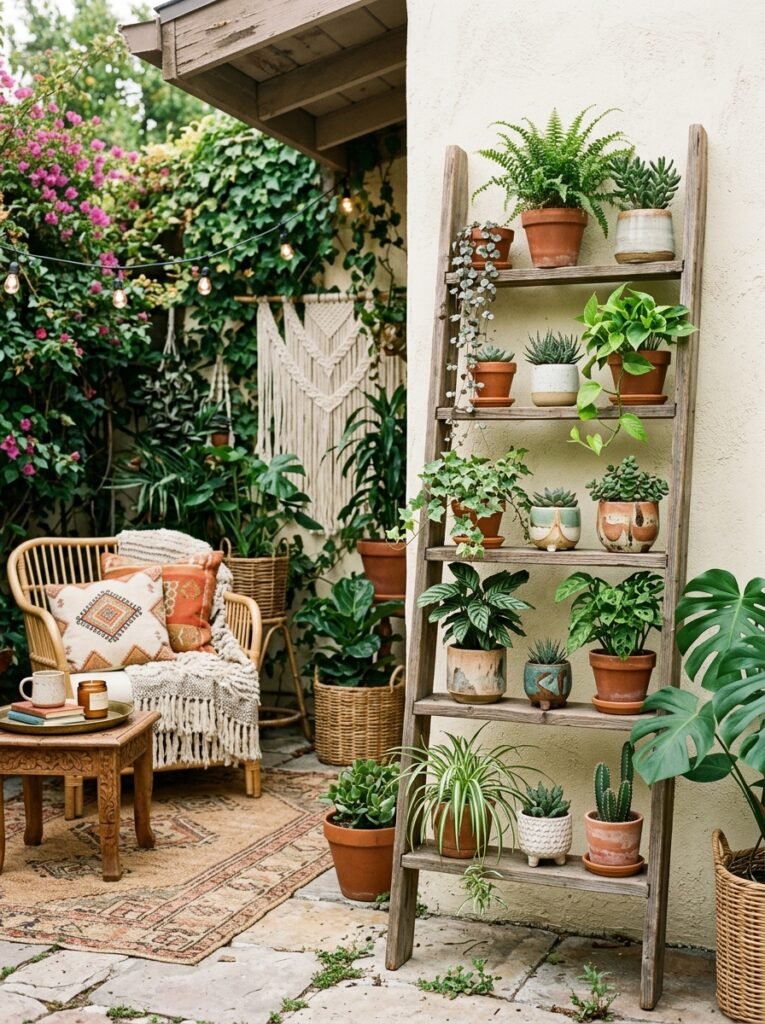 20 Beautiful Boho Patio Ideas For a Dreamy Outdoor Space boho patio with ladder shelf with pots