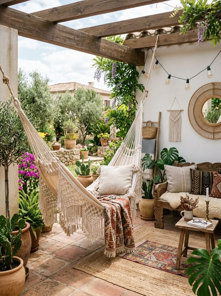 20 Beautiful Boho Patio Ideas For a Dreamy Outdoor Space boho patio with macrame hammock