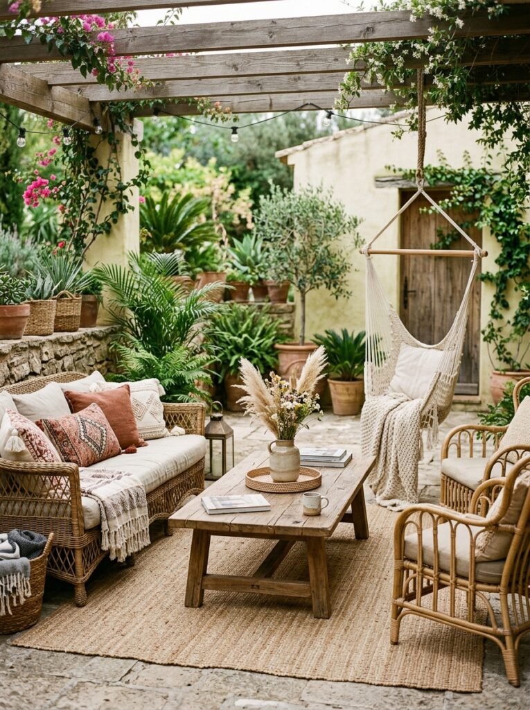 20 Beautiful Boho Patio Ideas For a Dreamy Outdoor Space boho patio with natural textures
