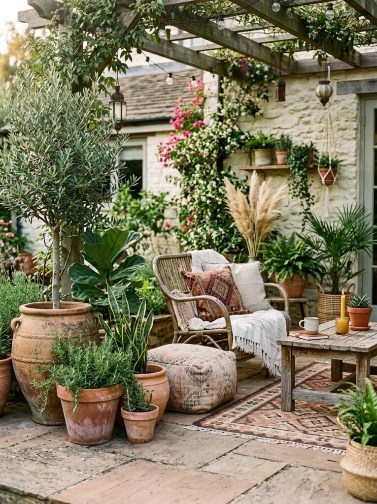 20 Beautiful Boho Patio Ideas For a Dreamy Outdoor Space boho patio with pots 202606242121