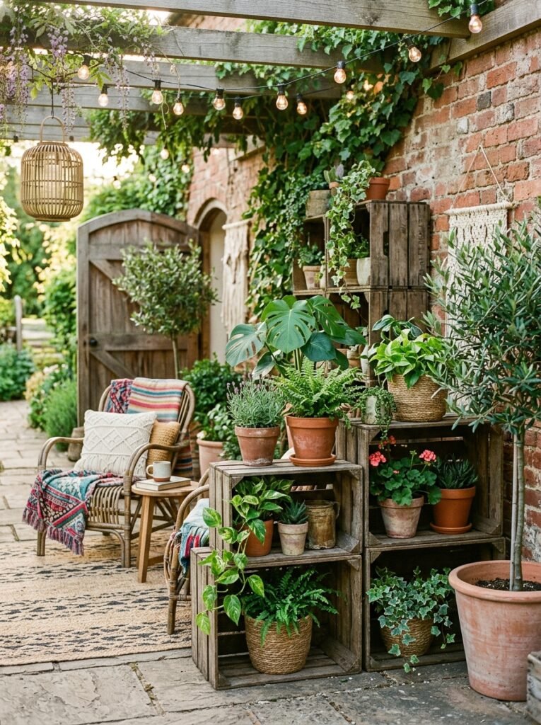 20 Beautiful Boho Patio Ideas For a Dreamy Outdoor Space boho patio with potted plants on wooden crates