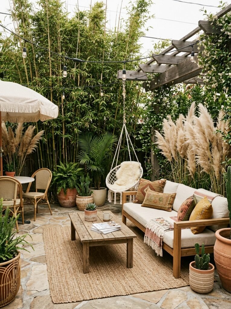20 Beautiful Boho Patio Ideas For a Dreamy Outdoor Space boho patio with natural privacy screens