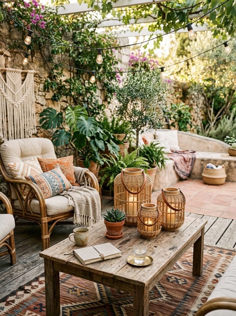20 Beautiful Boho Patio Ideas For a Dreamy Outdoor Space boho patio with rattan lanterns
