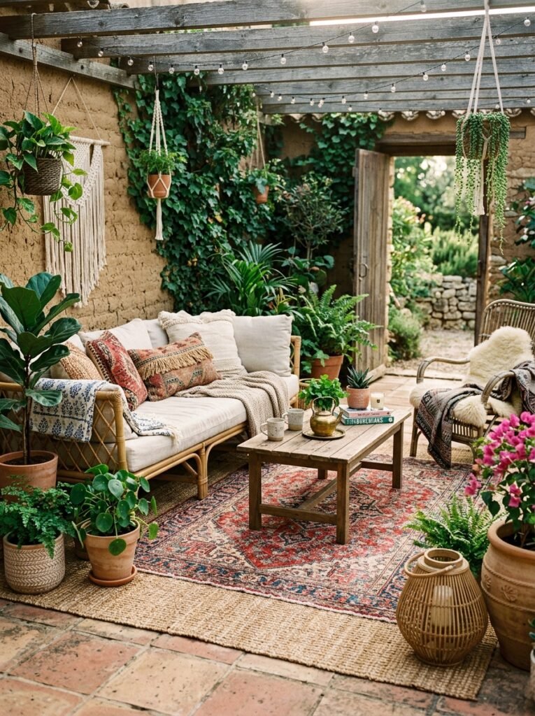 20 Beautiful Boho Patio Ideas For a Dreamy Outdoor Space boho patio with layered rugs