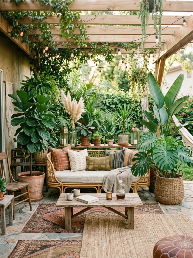 20 Beautiful Boho Patio Ideas For a Dreamy Outdoor Space boho patio with statement plants