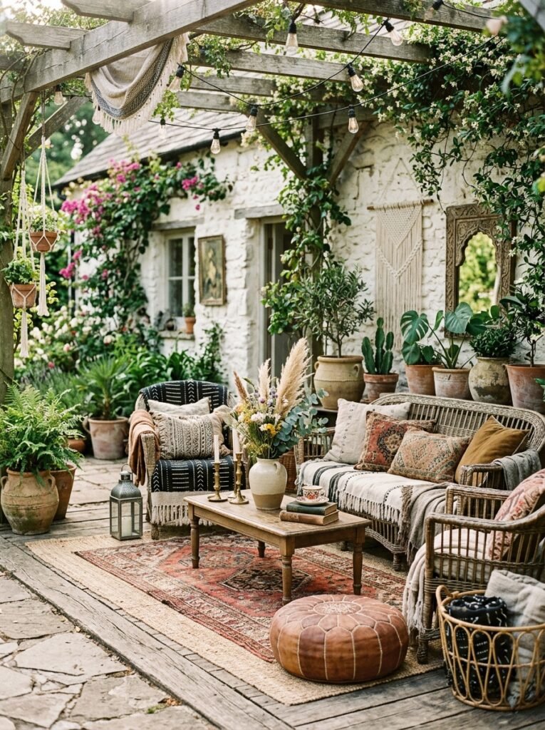 20 Beautiful Boho Patio Ideas For a Dreamy Outdoor Space boho patio with vintage decor