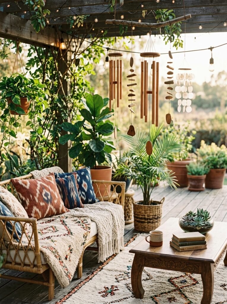 20 Beautiful Boho Patio Ideas For a Dreamy Outdoor Space boho patio with wind chimes