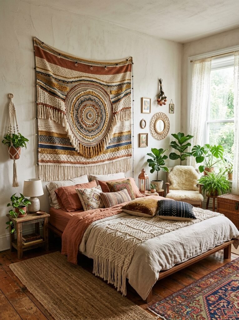 boho bedroom with boho tapestry
