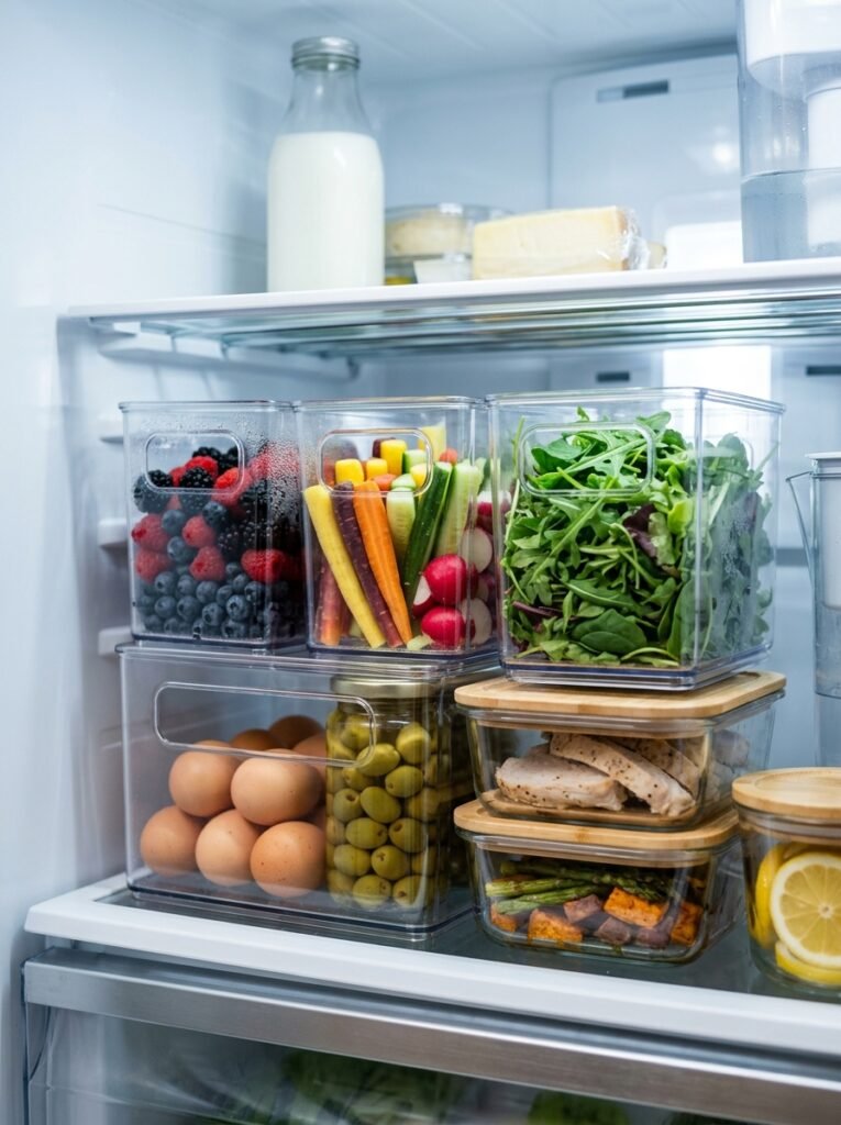 18 Clever Fridge Organization Ideas to Keep Everything Tidy clear bins and containers inside fridge