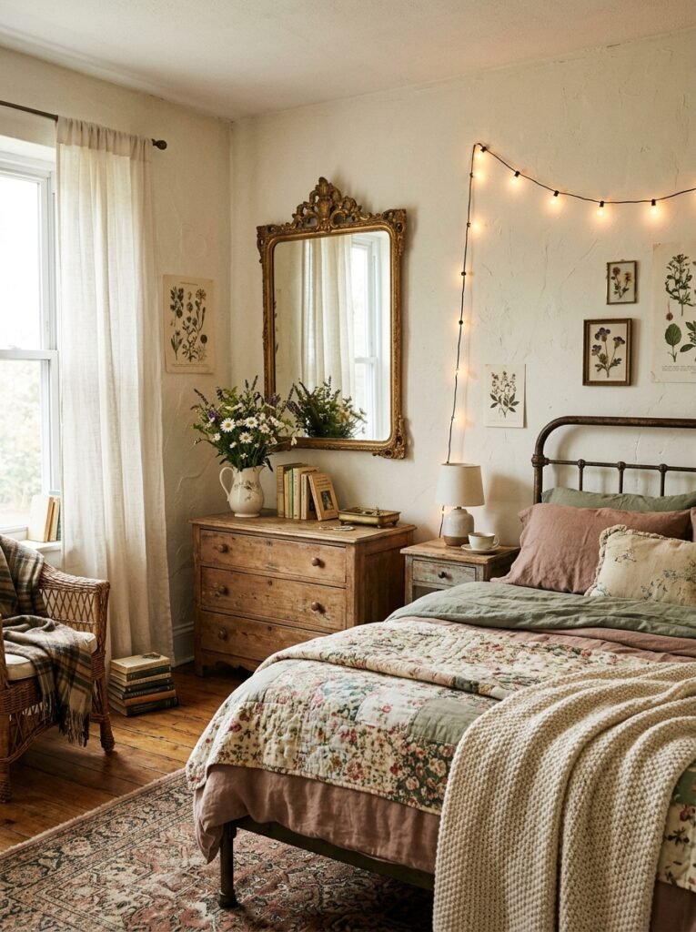 cottagecore bedroom with antique mirror
