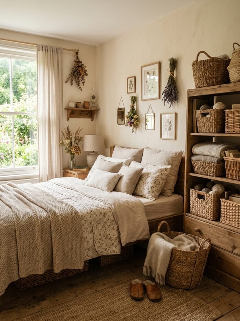 cottagecore bedroom with wicker baskets