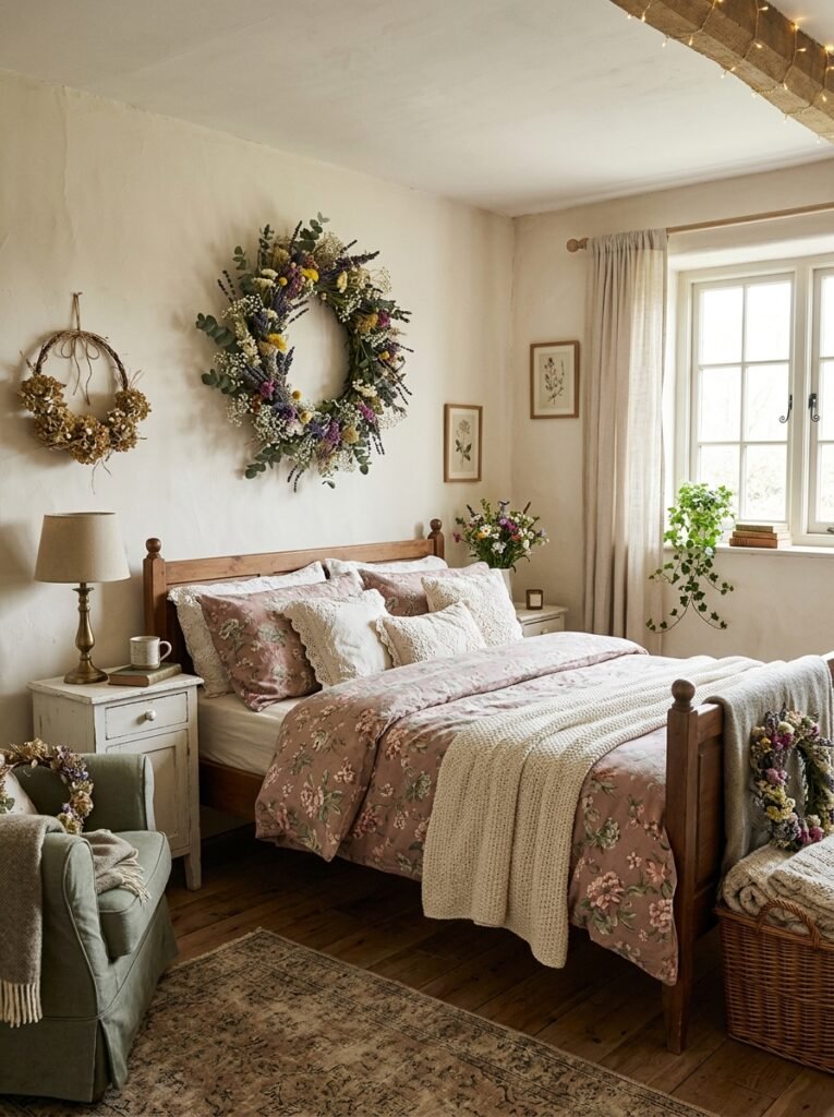 cottagecore bedroom with floral wreath 