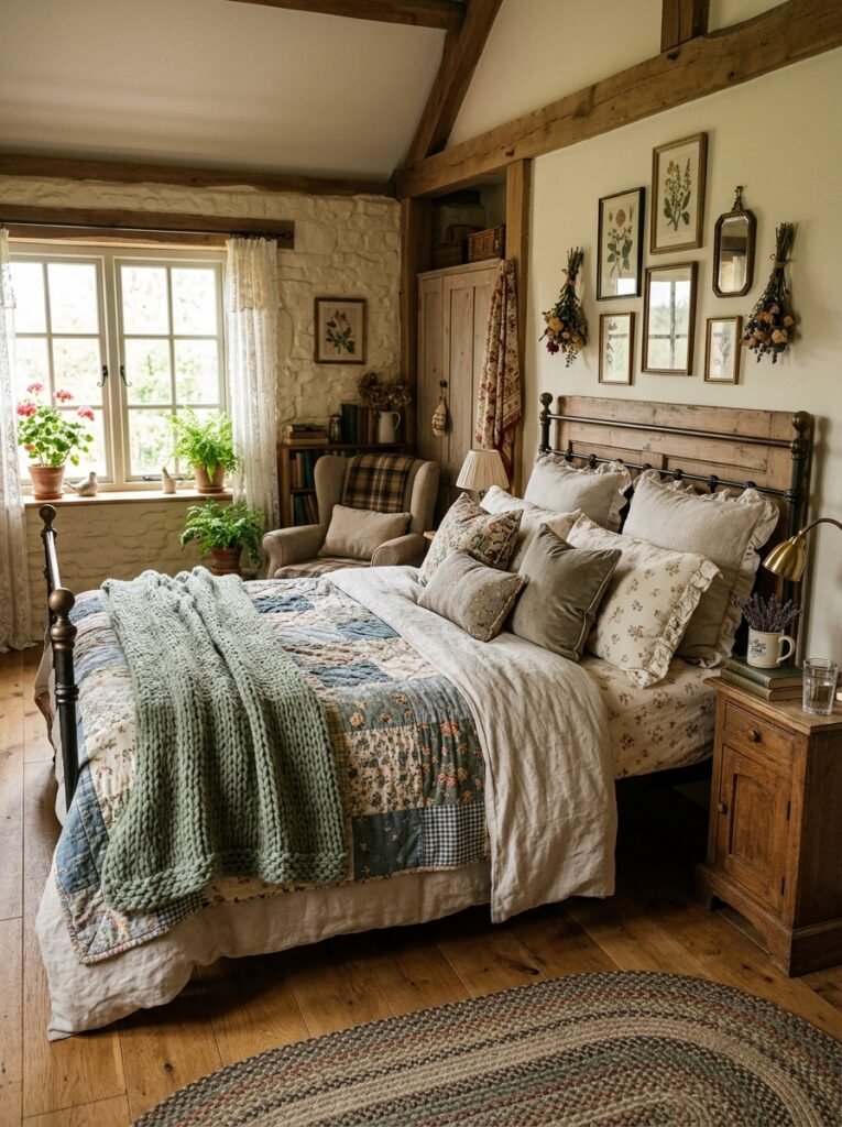cottagecore bedroom with layered bedding 