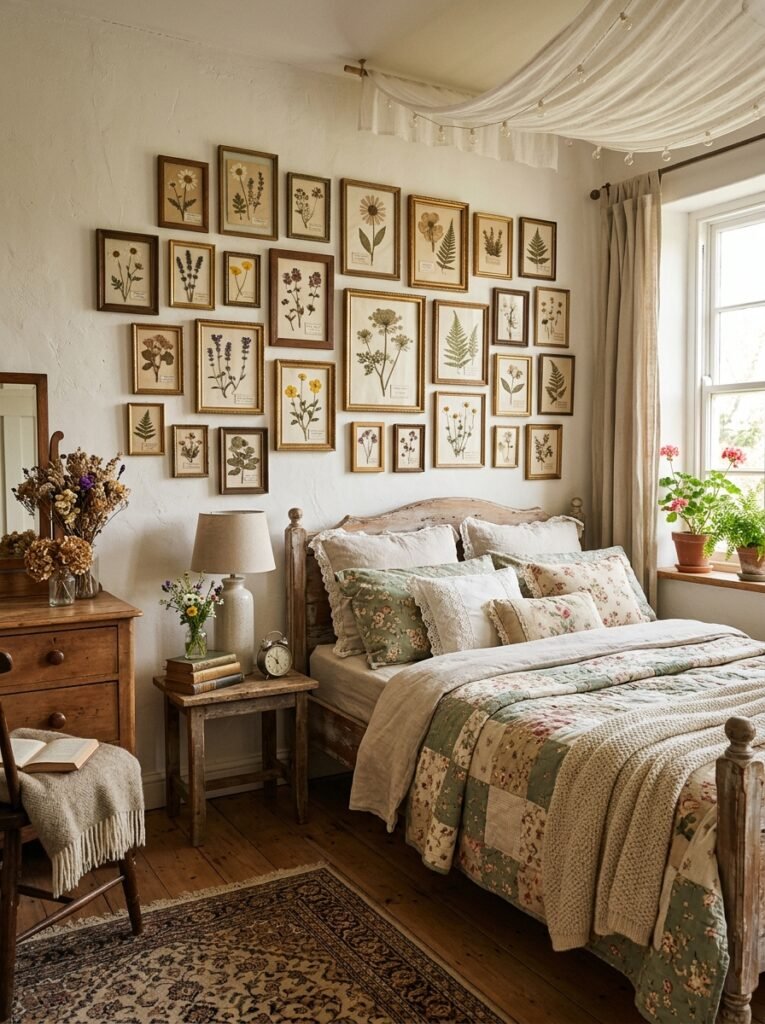 cottagecore bedroom with pressed flower gallery 
