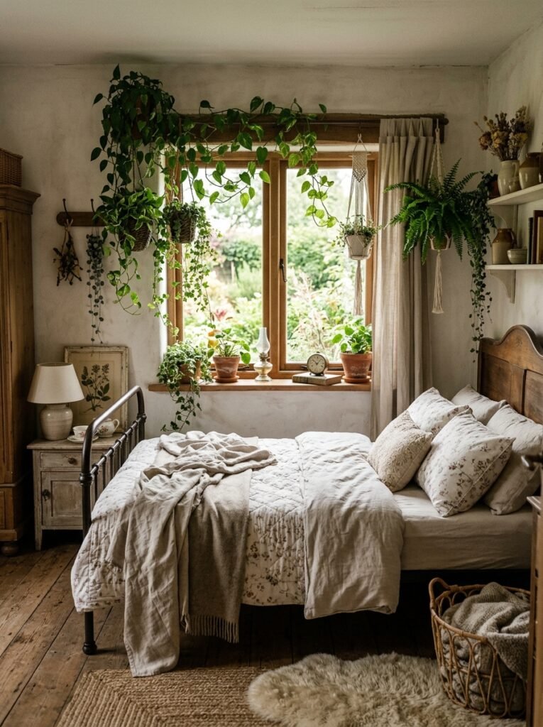 cottagecore bedroom with trailing plants 