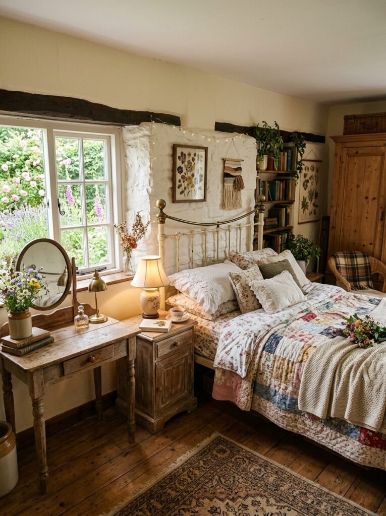 cottagecore bedroom with vintage furniture