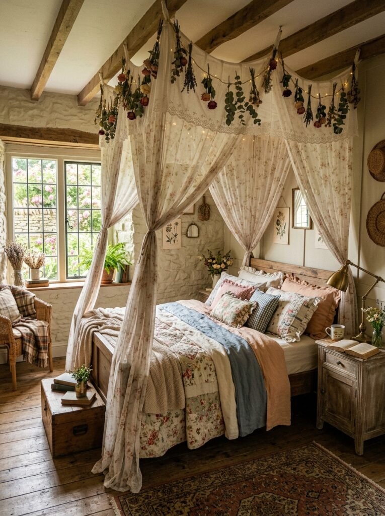 cottagecore bedroom with bed canopy 