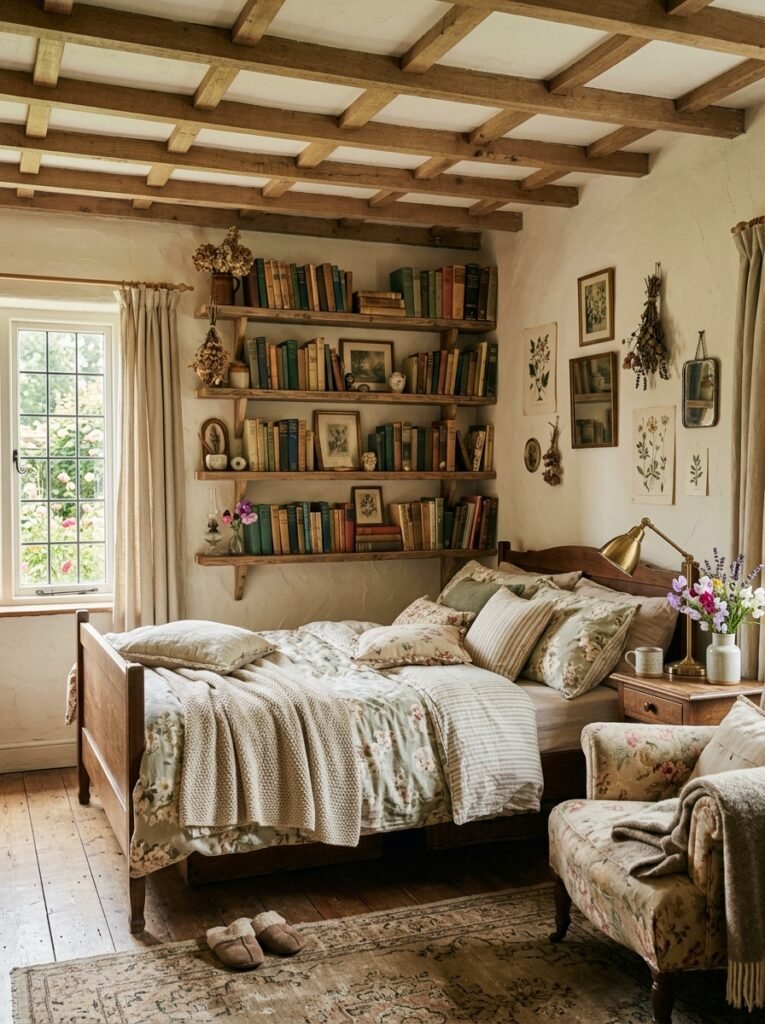 cottagecore bedroom with books displayed as decor