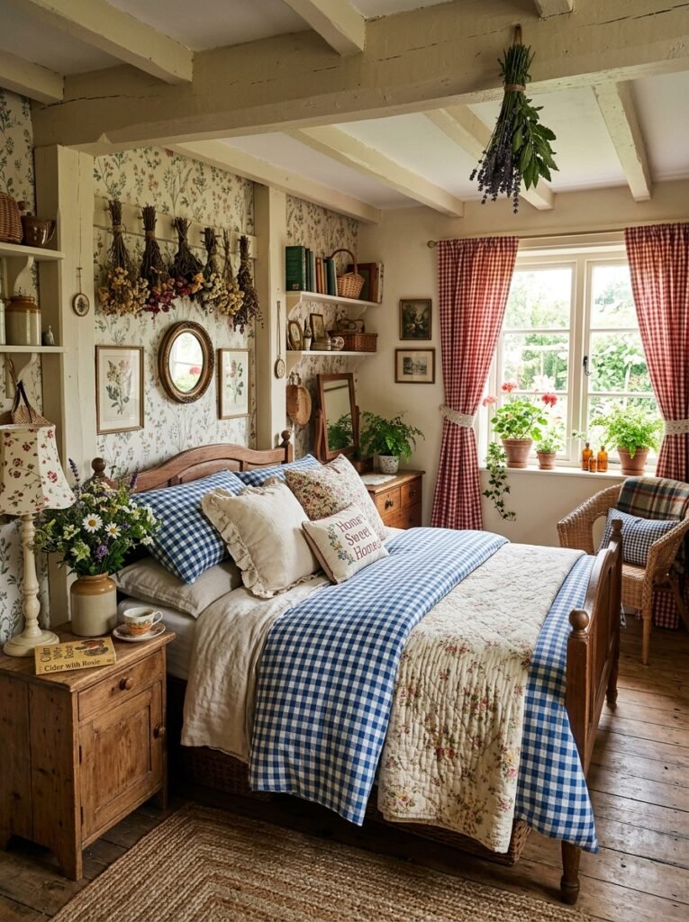 cottagecore bedroom with gingham accents