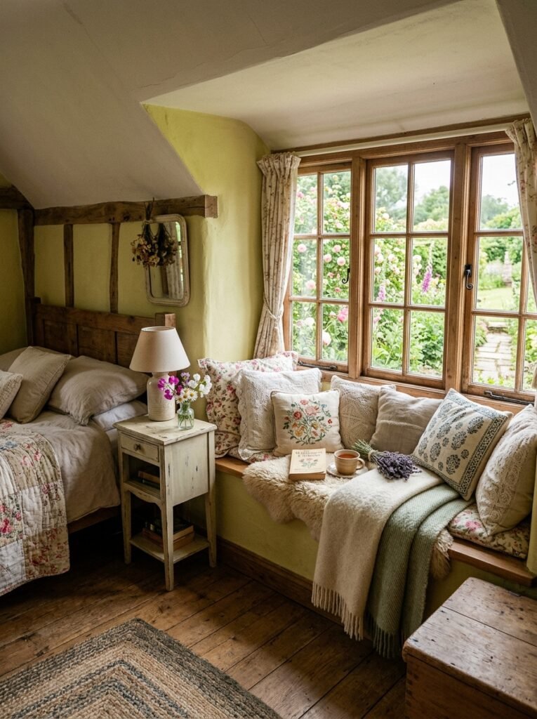 cottagecore bedroom with window seat