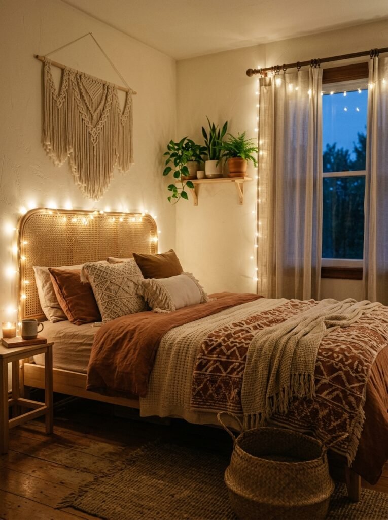 warm string lights around a rattan headboard in a boho bedroom