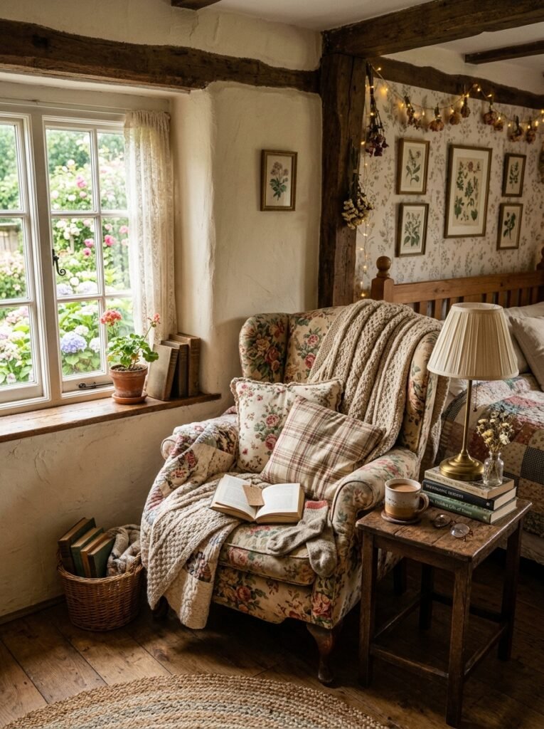 cottagecore bedroom with cozy reading corner