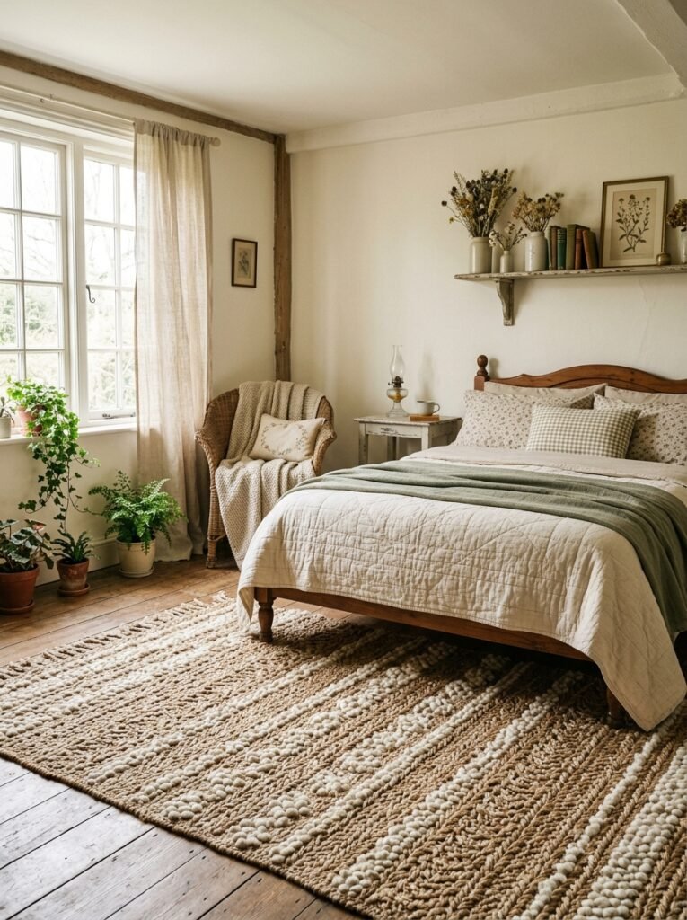 cozycore bedroom with textured rug 