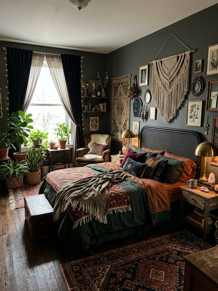 dark boho bedroom editorial