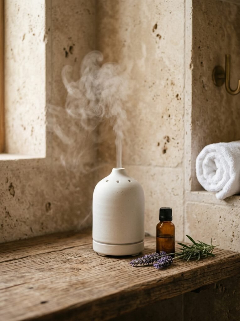 essential oil diffuser on a shelf in a spa bathroom