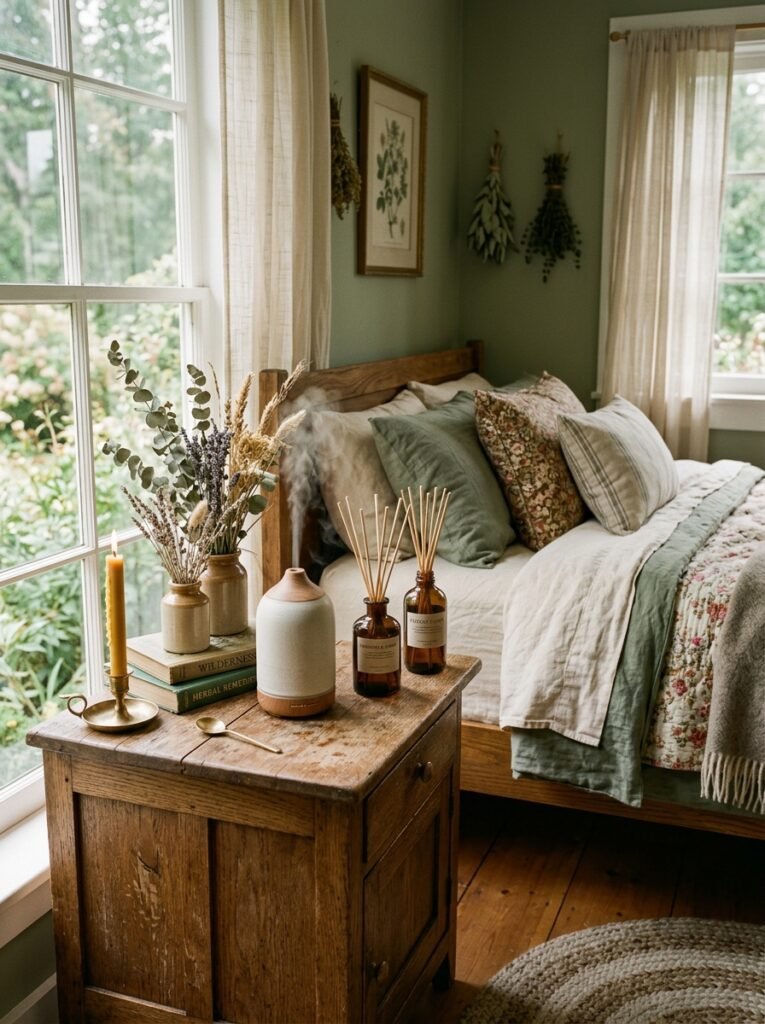 cottagecore bedroom with earthy diffusers