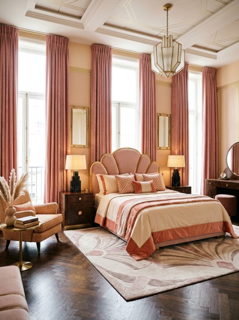 16 Stunning Art Deco Bedroom Ideas for a Glamorous Space pink art deco bedroom with floor-to-ceiling curtains
