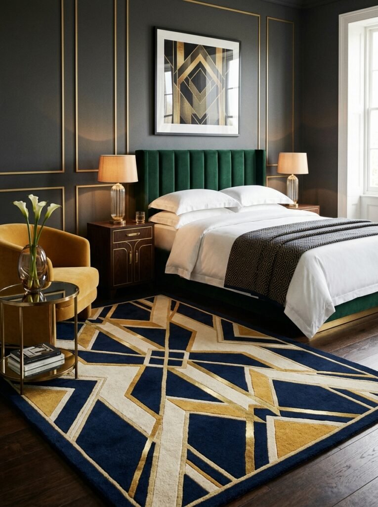 16 Stunning Art Deco Bedroom Ideas for a Glamorous Space art deco bedroom with geometric rug
