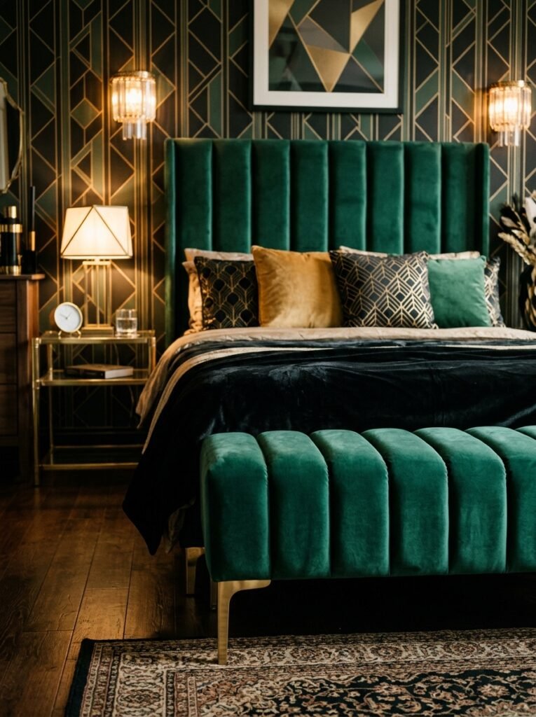 channel-tufted emerald velvet bench at the foot of the bed