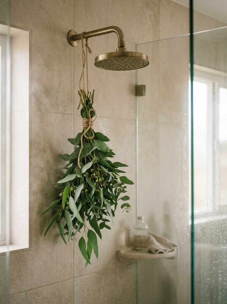 eucalyptus bundle hanging from a shower head
