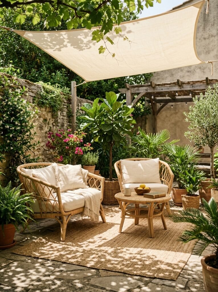 shade sail over a boho patio seating area
