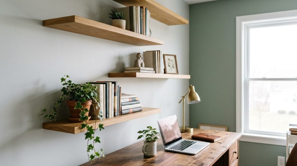 20 Desk Organization Ideas For a More Productive Workspace floating shelves above 202604071727